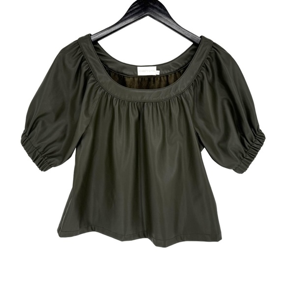 Christy Lynn Faux Leather Short Puff Sleeve Round Neck Blouse Clay‎ Green XS